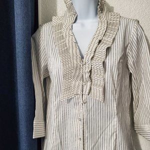 Spence Petite White/Grey/Silver Striped Shirt/Blouse w/Ruffled Collar Size PS